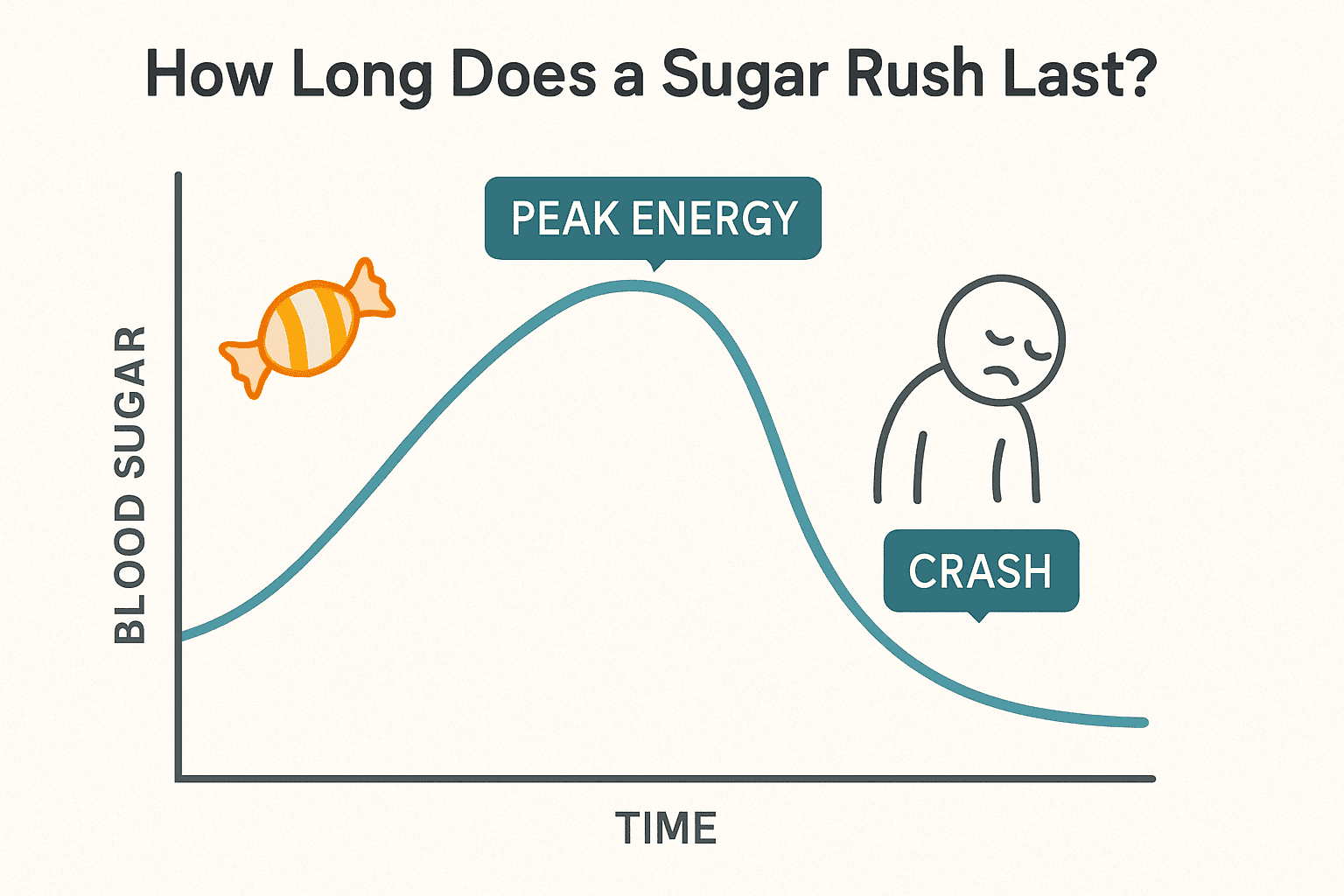 Graph showing the sugar rush process, from the initial sugar spike to peak energy levels, followed by a crash, illustrating 'what is a sugar rush' with candy and a tired figure.