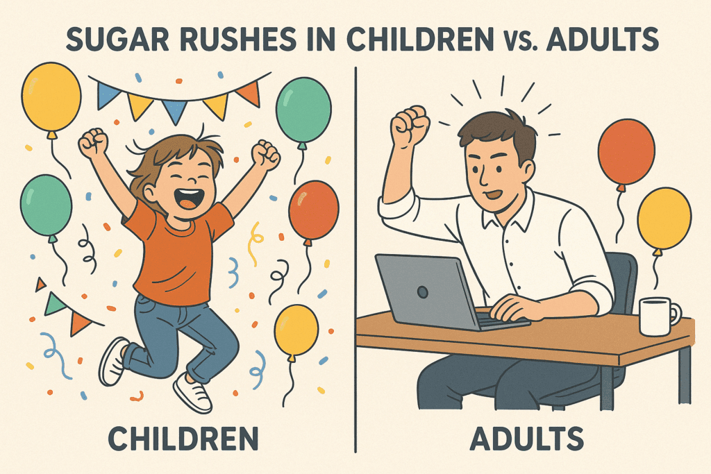 Split image comparing the effects of a sugar rush. On the left, a child energetically jumping with excitement at a party, surrounded by colorful balloons and confetti. On the right, an adult at a desk experiencing a brief burst of energy before slumping back in fatigue. This illustration highlights the difference in sugar rushes in children vs. adults, answering the question, 'what is a sugar rush.