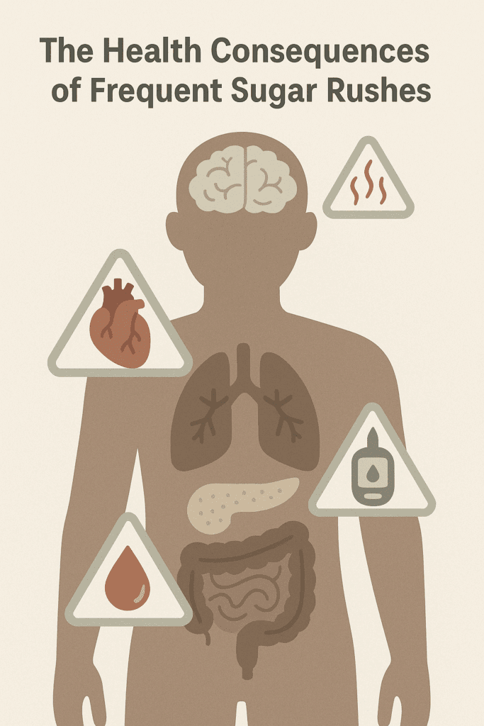 Illustration showing the negative effects of frequent sugar rushes on the body, highlighting the brain, heart, and metabolic system under stress, with warning symbols indicating inflammation, blood sugar issues, and diabetes risk. The image helps explain what is a sugar rush and its health consequences.