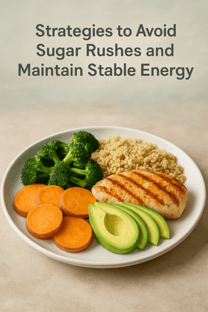 A balanced meal plate with grilled chicken, quinoa, steamed broccoli, sweet potato slices, and avocado, designed to support stable energy and avoid sugar rushes.