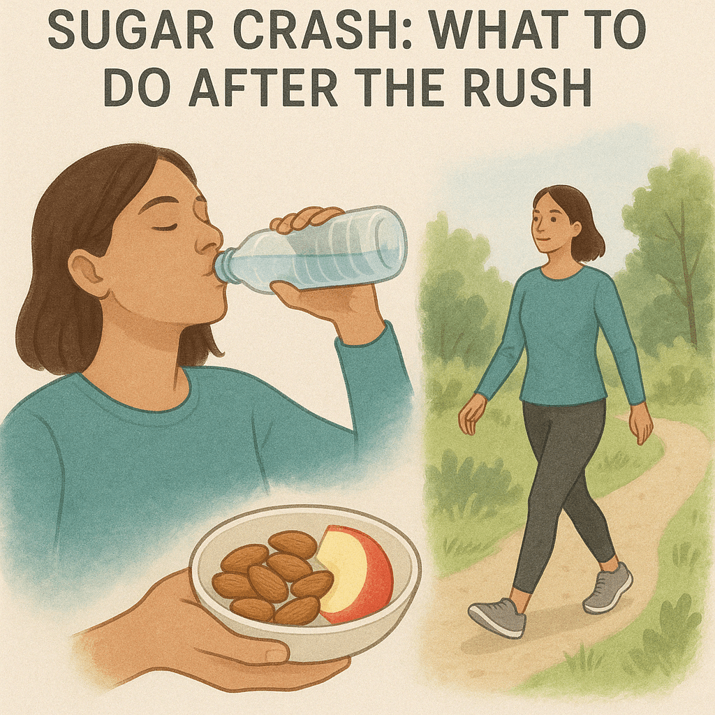 Recovering from a sugar rush: a peaceful scene of a person drinking water, snacking on almonds and apple slices, and taking a walk in nature to restore energy.