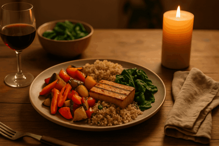 Grilled tofu with quinoa, roasted vegetables, and greens on a cozy dinner table showing what makes a healthy dinner.