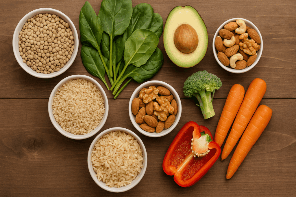 Colorful flat lay of leafy greens, legumes, whole grains, nuts, and fresh vegetables on wood, illustrating what makes a healthy dinner.