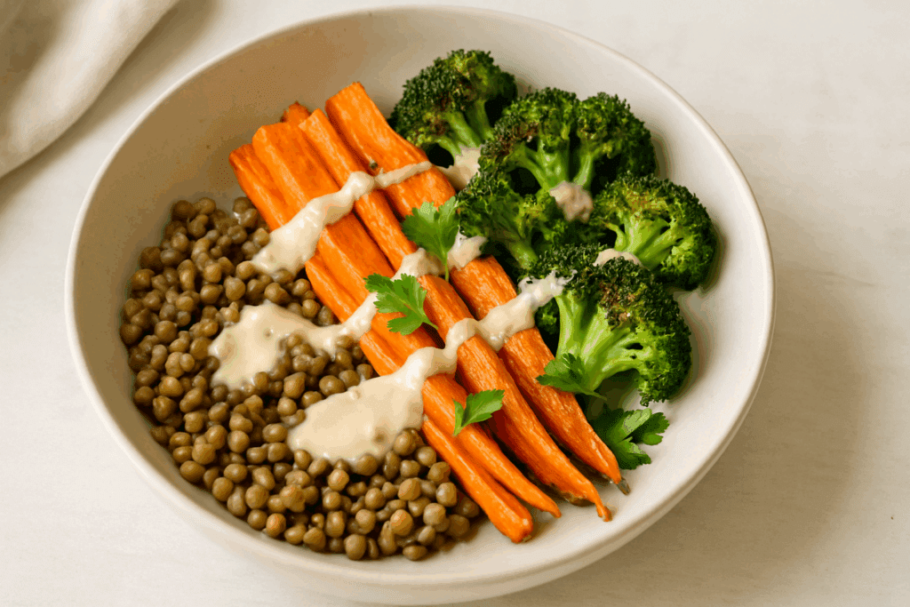 Lentil bowl with roasted carrots and broccoli drizzled in tahini sauce, showing what makes a healthy dinner with simple whole foods.