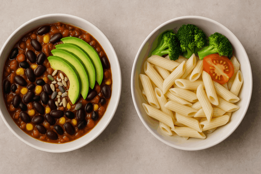 Balanced meal with bean chili, avocado, and seeds next to refined pasta bowl, illustrating what makes a healthy dinner.