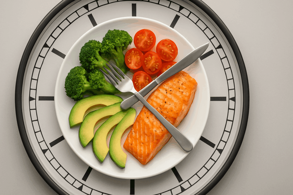 Healthy dinner of salmon, avocado, broccoli, and tomatoes arranged on a clock face to illustrate what makes a healthy dinner and the role of meal timing.
