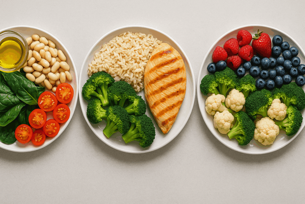 Three personalized dinner plates showing what makes a healthy dinner: heart-healthy with greens and legumes, recovery-focused with protein and grains, and anti-inflammatory with berries and cruciferous vegetables.