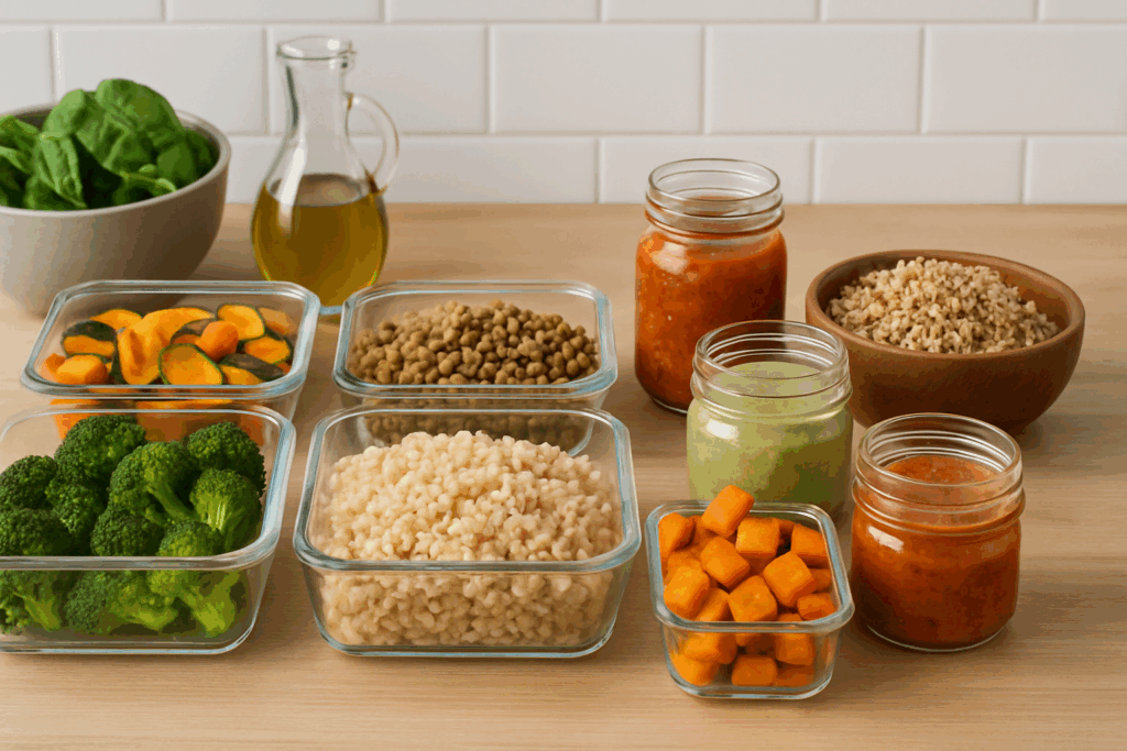 Meal prep containers with roasted vegetables, grains, legumes, and sauces arranged neatly on a counter, showing what makes a healthy dinner.