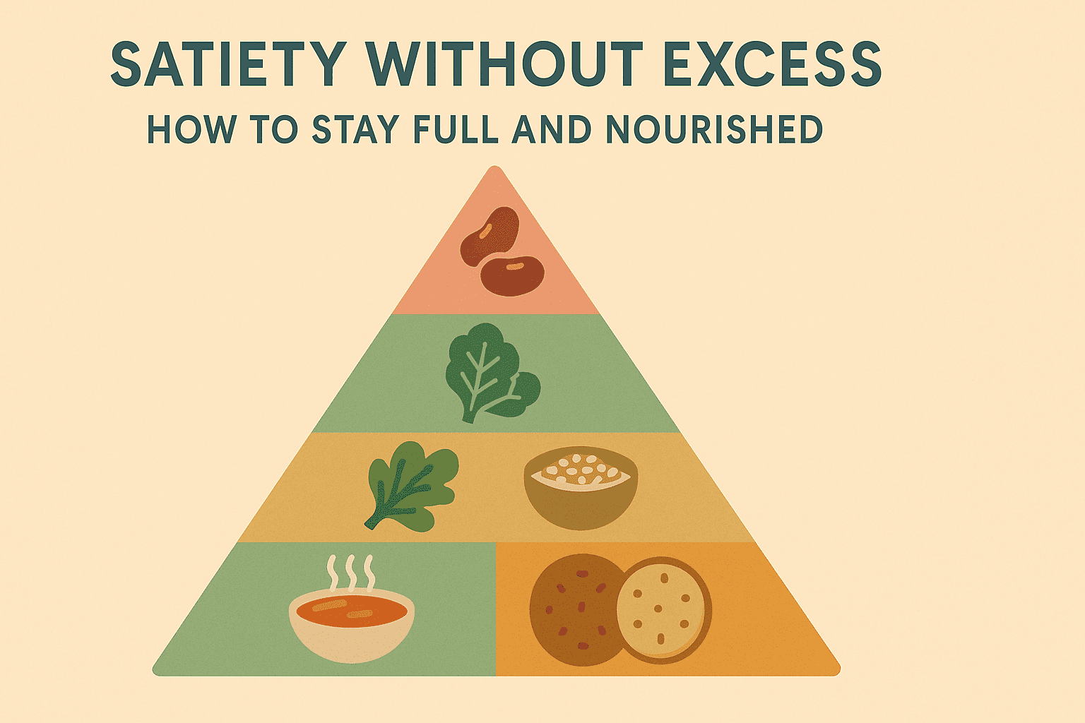 Infographic pyramid showing what makes a healthy dinner with icons for beans, leafy greens, whole grains, soup, and seeds arranged by satiety level