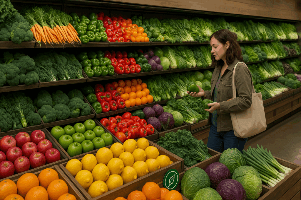 Customer browsing organic produce in a clean, well-lit grocery aisle, reflecting positive Whole Foods Market reviews.