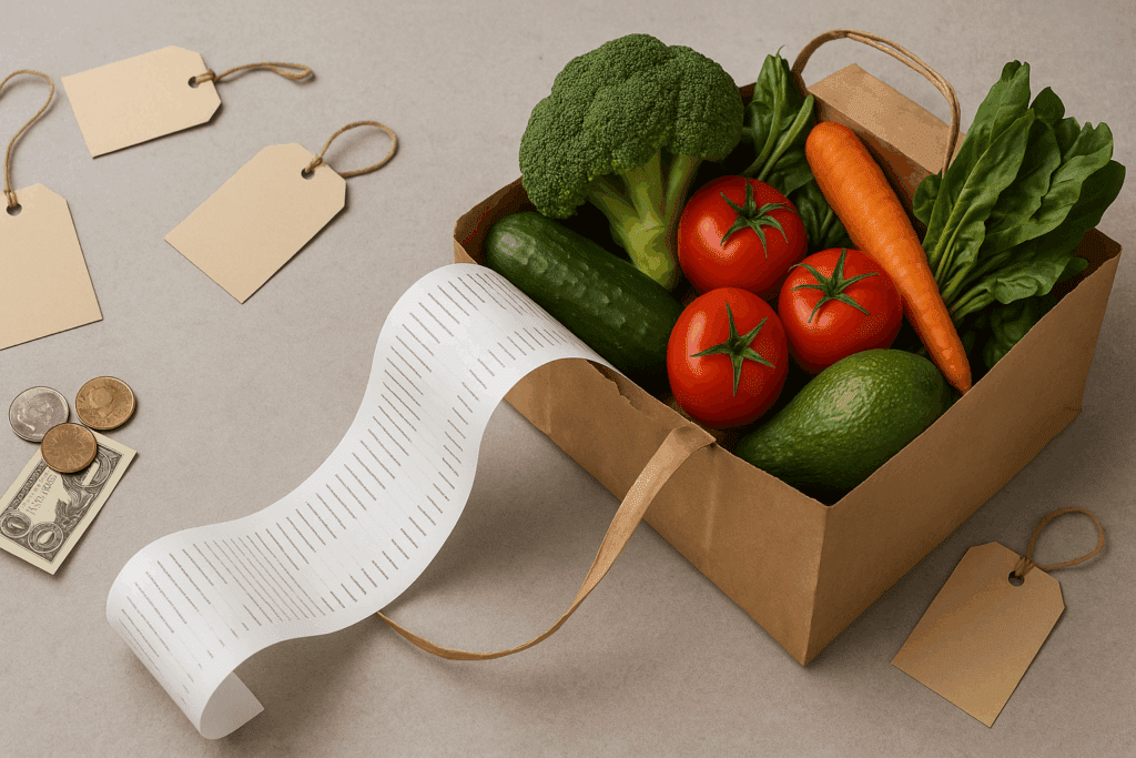 Whole Foods Market reviews symbolized by a grocery bag with organic vegetables, a long receipt, and scattered price tags and coins
