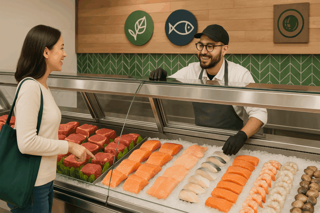 Smiling staff member helping customer at Whole Foods Market meat and seafood counter, often praised in Whole Foods Market reviews.