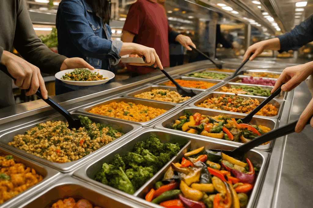 Customers serving themselves colorful healthy dishes at a Whole Foods Market hot bar, often praised in Whole Foods Market reviews.