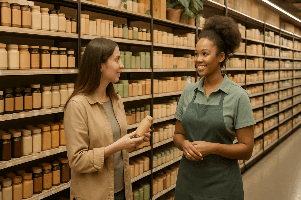 Friendly staff member assisting a shopper in the supplement aisle of Whole Foods Market, highlighting customer service often mentioned in Whole Foods Market reviews.