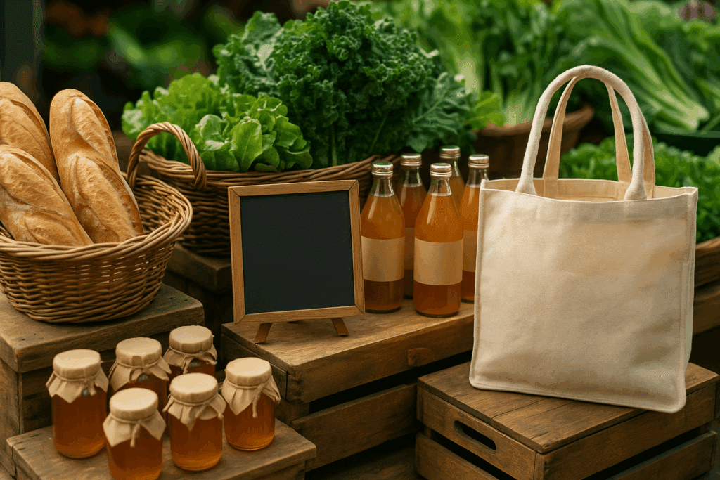 Locally sourced produce, bread, kombucha, and honey at a rustic outdoor display reflecting sustainability praised in Whole Foods Market reviews