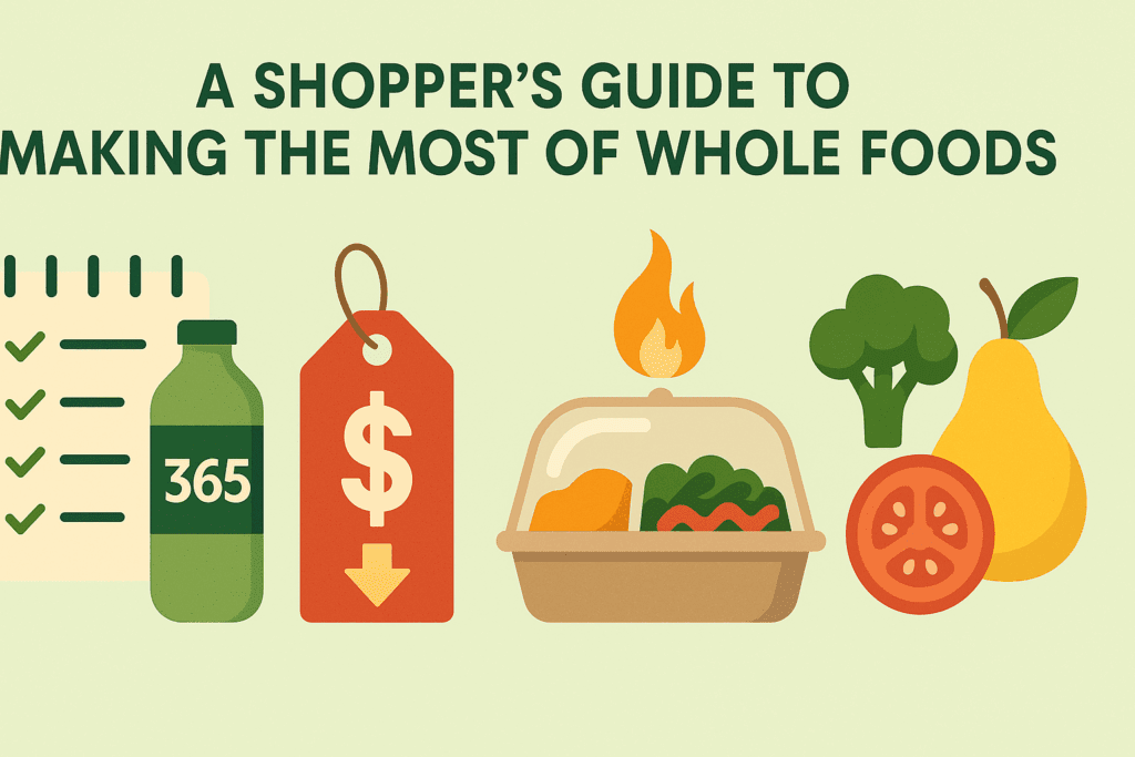 Infographic showing tips from Whole Foods Market reviews with icons for 365 products, sales tags, hot bar meals, and fresh produce