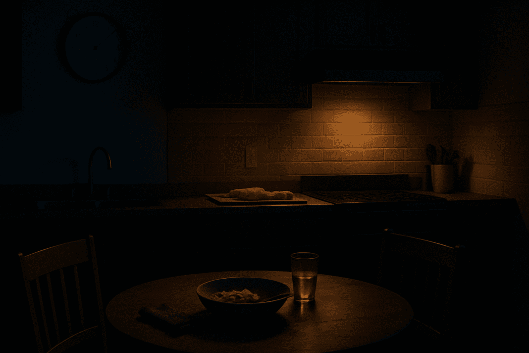 Dimly lit kitchen at 9 PM with leftover food on the table, illustrating the idea behind 