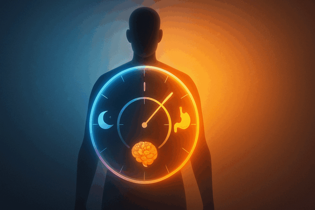 Human silhouette overlaid with a 24-hour circadian clock illustrating sleep, digestion, and hormone cycles—highlighting What Time Should You Stop Eating at Night.