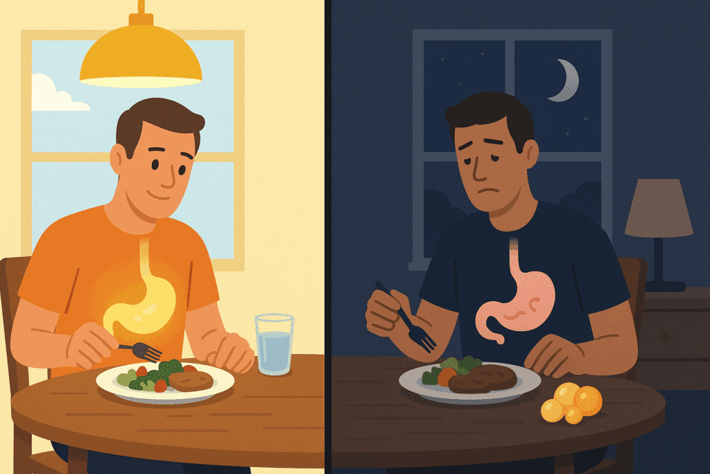 Split-screen showing effects of eating dinner at 6 PM vs 10 PM to illustrate What Time Should You Stop Eating at Night