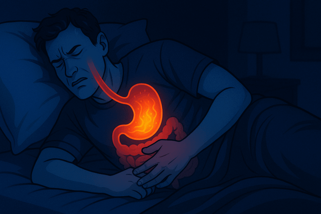 Restless man in bed at night clutching stomach, showing digestive distress related to What Time Should You Stop Eating at Night