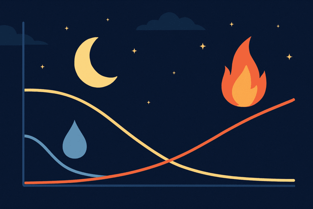 Graphical depiction of nighttime hormone patterns showing melatonin rising, insulin dropping, and cortisol increasing to illustrate What Time Should You Stop Eating at Night