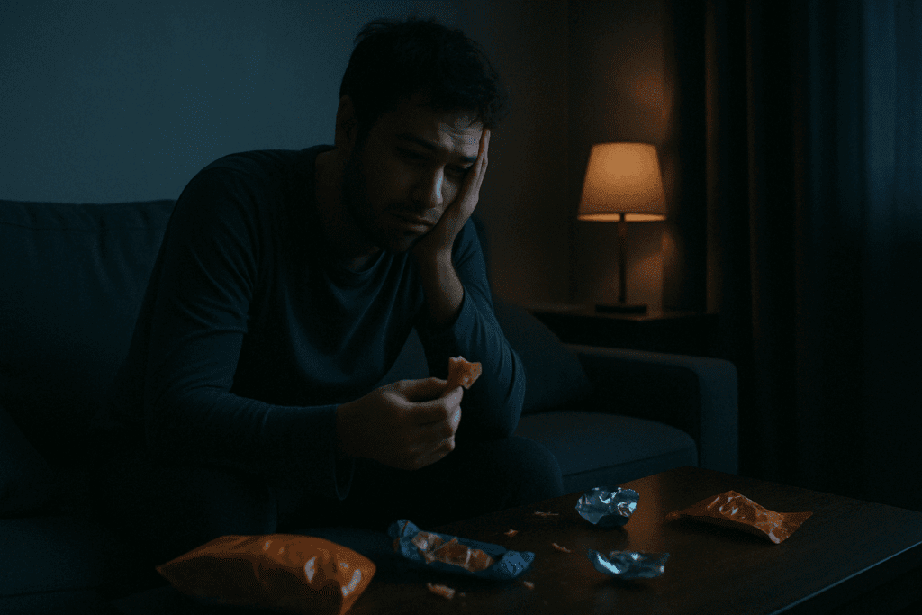 Man sitting alone at night on a dimly lit couch, holding a snack with junk food wrappers scattered around, depicting emotional eating tied to What Time Should You Stop Eating at Night