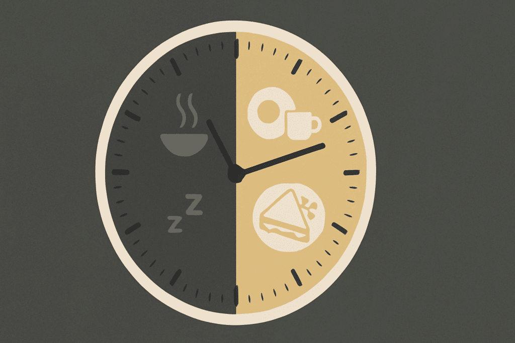 Analog clock visualizing an 8-hour eating window with food icons and a darkened fasting period, illustrating What Time Should You Stop Eating at Night