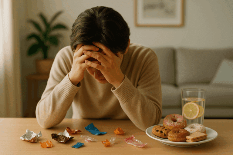 Person sitting with head in hands, experiencing a sugar crash after consuming too much sugar, surrounded by empty candy wrappers and sugary snacks. A plate of donuts, cookies, and a glass of water with lemon slices are visible. This scene illustrates what to do after eating too much sugar in a peaceful and calm environment.