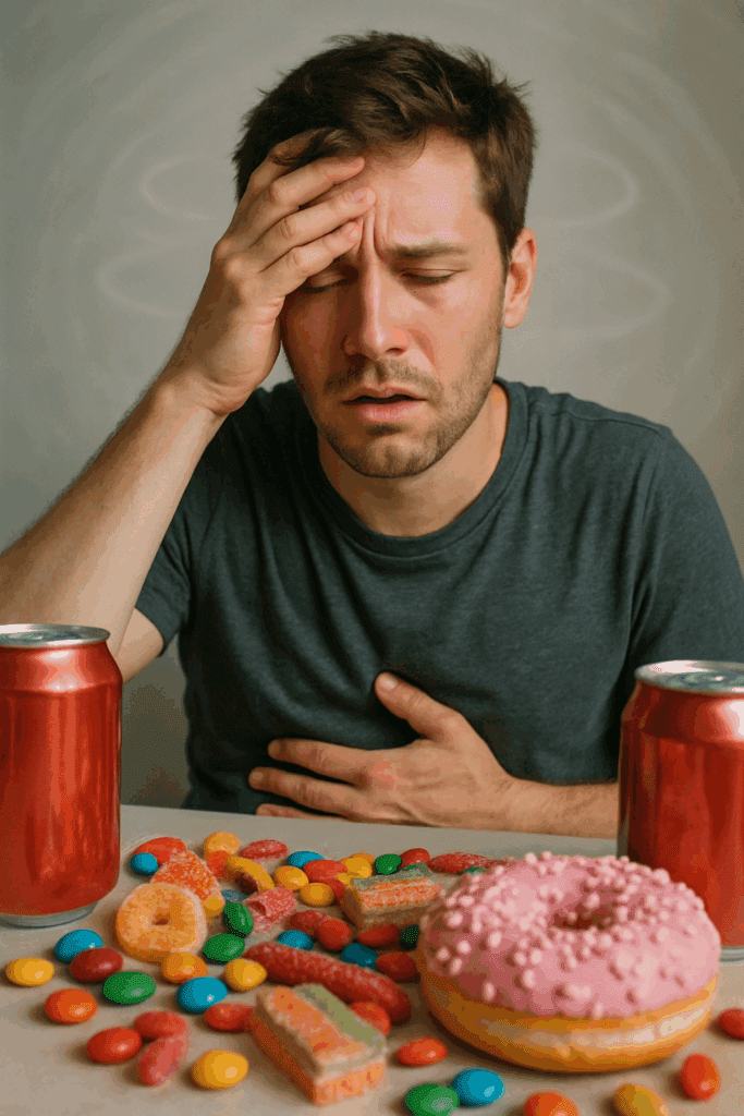 Person holding their stomach and looking uncomfortable after eating too much sugar, with candy, soda, and a donut on the table, showing signs of fatigue and headache. This visual illustrates what to do after eating too much sugar.