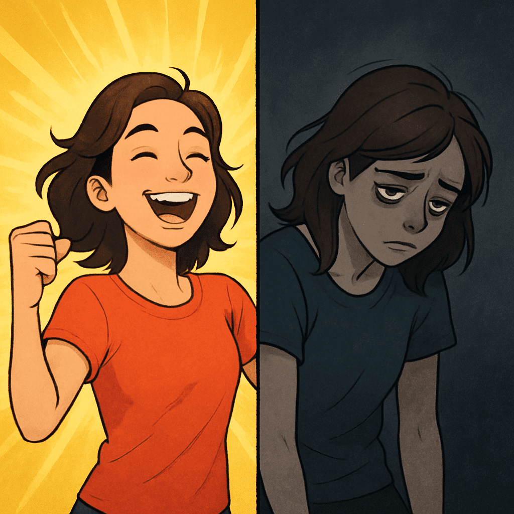 Split image showing a person experiencing the effects of sugar: one side features a vibrant, energized individual smiling after consuming sugar, while the other side depicts a tired, slumped figure reflecting the sugar crash. This image symbolizes what to do after eating too much sugar, highlighting the contrast between the initial high energy and subsequent exhaustion.