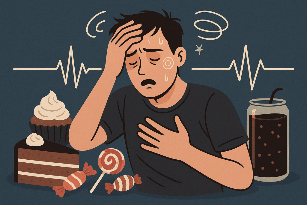 Person feeling disoriented after consuming too much sugar, surrounded by sugary foods like cake, soda, and candy, with a rapid heartbeat depicted through a heartbeat monitor and dizziness symbols. The image visually conveys what to do after eating too much sugar.