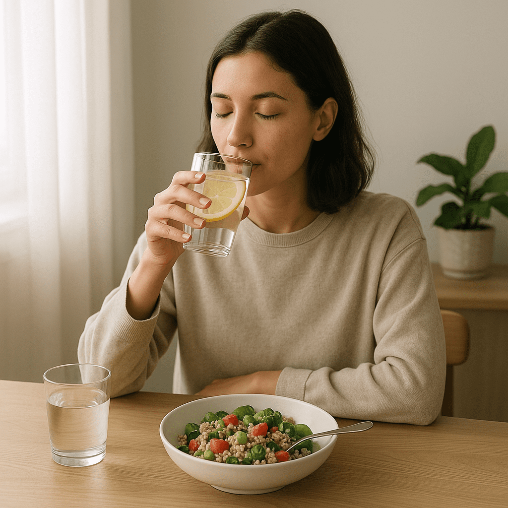 Person drinking lemon water and enjoying a quinoa salad as part of what to do after eating too much sugar to restore balance and promote recovery.