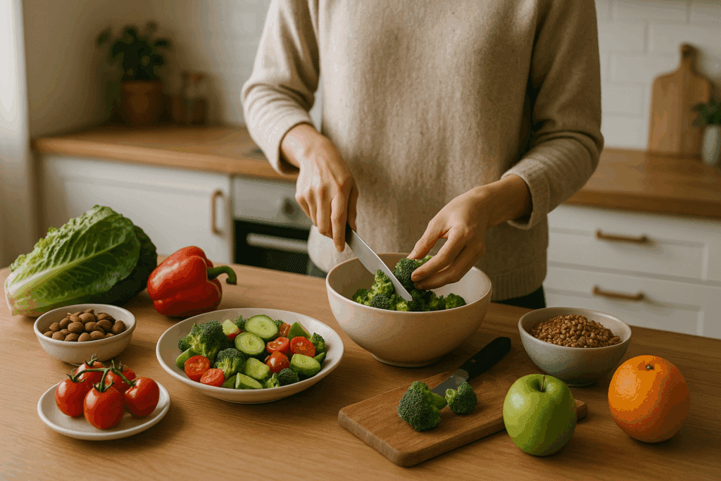 Person calmly preparing a healthy, balanced meal in a peaceful kitchen, chopping broccoli and mixing fresh vegetables, fruits, and nuts, reflecting mindful eating strategies to prevent future sugar overload.