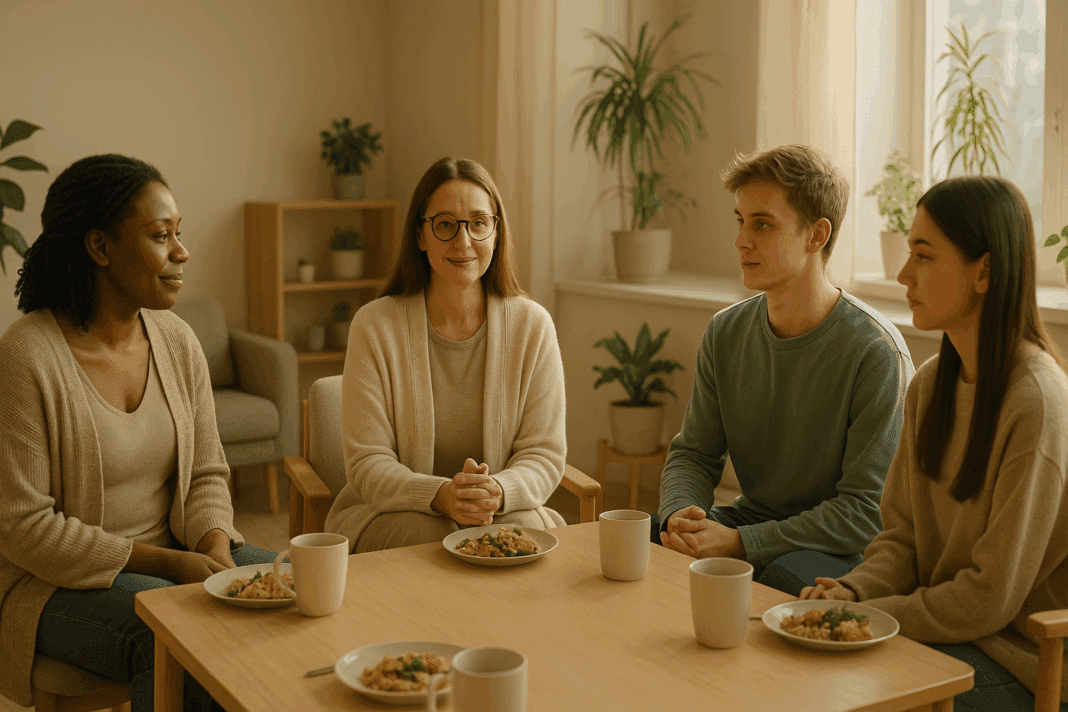A compassionate and serene group therapy session at an eating disorder treatment center, with four diverse individuals enjoying a meal in a modern, well-lit room filled with plants and natural light