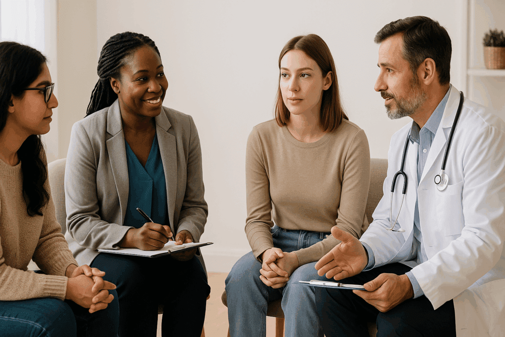 Healthcare professionals collaborating at an eating disorder treatment center, including a therapist, dietitian, and doctor, working together to support a patient in a trusting and diverse environment