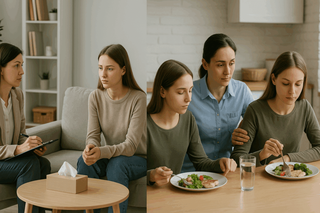 Side-by-side comparison of a general therapy session in a mental health clinic and a supervised meal at an eating disorder treatment center, highlighting key differences in their settings and therapeutic approaches