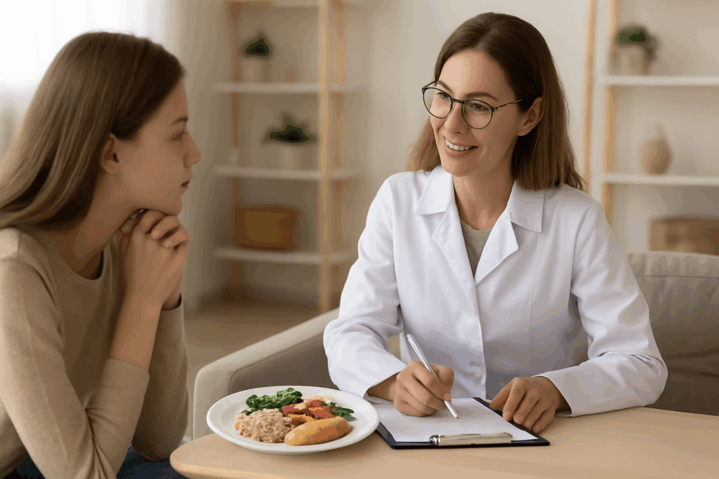 A registered dietitian guides a patient through a customized meal plan during a counseling session at an eating disorder treatment center, with a plate of balanced food on the table in a calm, supportive setting