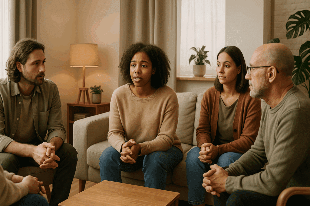 Group therapy session in a cozy eating disorder treatment center, with diverse individuals listening attentively and offering support in a comfortable, sunlit room
