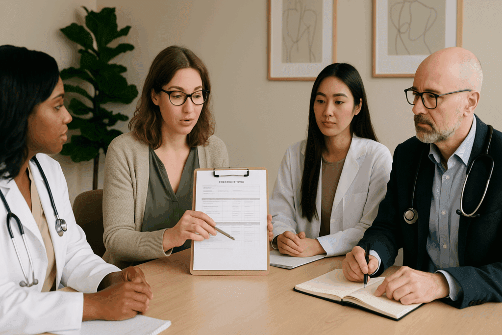 A diverse healthcare team in an eating disorder treatment center collaborates around a table, reviewing a patient's treatment plan in a warm, professional clinical setting