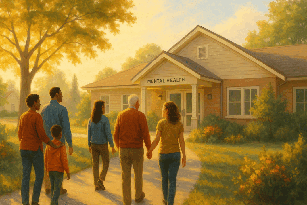 Diverse group of people walking toward a community mental health center on a sunny morning, symbolizing hope and eating disorder help near you