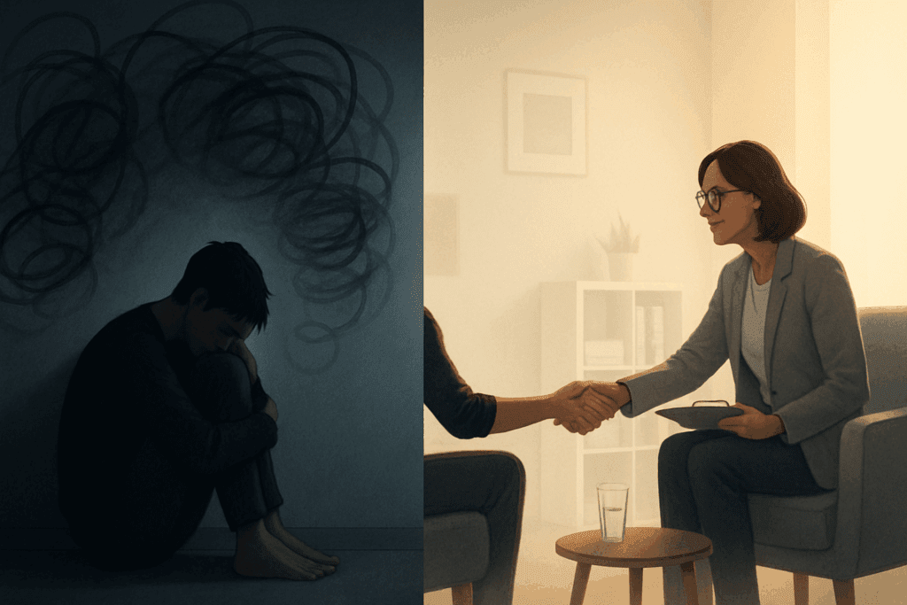 Person struggling with dark thoughts reaching out to a therapist, symbolizing the emotional shift that comes with seeking eating disorder help near you.