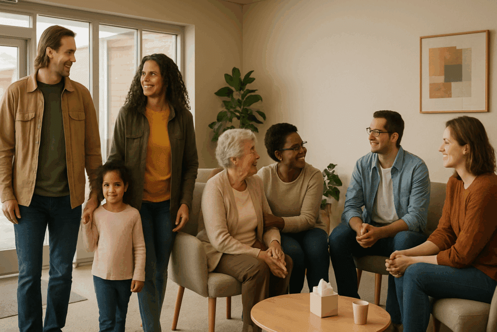 Community members connect at a local health center, symbolizing personalized eating disorder help near you in a supportive setting.