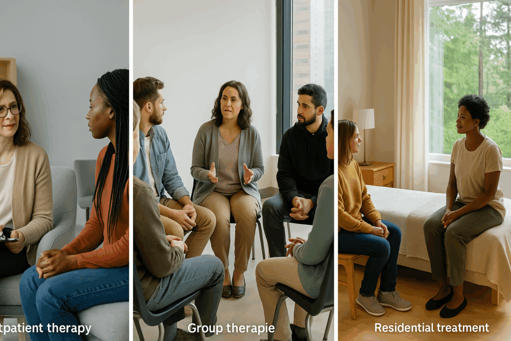 Three types of eating disorder help near you shown side by side: outpatient therapy session, group therapy circle, and a residential treatment center with nature views