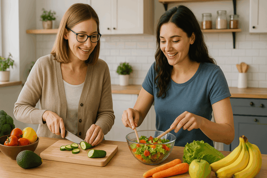 Registered dietitian and client preparing a colorful, healthy meal together in a bright kitchen, symbolizing eating disorder help near you.