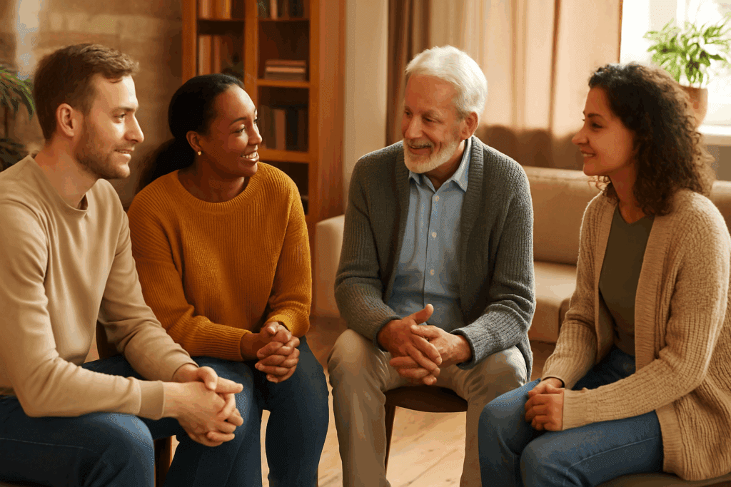 Support group meeting in a cozy living room where diverse adults share stories and offer eating disorder help near you
