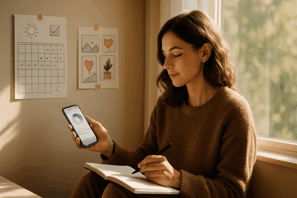 Young woman journaling by a sunlit window with a wellness app open and progress tools nearby, symbolizing eating disorder help near you