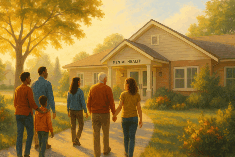 Diverse group of people walking toward a community mental health center on a sunny morning, symbolizing hope and eating disorder help near you