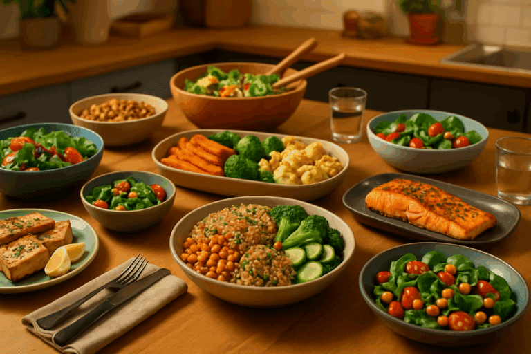 Family-style dinner table featuring colorful whole food dinner ideas like roasted vegetables, grain bowls, salads, chickpeas, and grilled salmon.