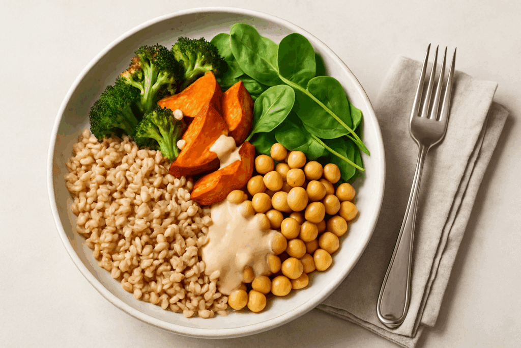 Whole Food Dinner Ideas for a Healthier Lifestyle: Easy, Unprocessed Meals Backed by Nutrition Experts 3 Grain bowl with brown rice, roasted sweet potatoes, broccoli, chickpeas, and greens drizzled with tahini—perfect for whole food dinner ideas.