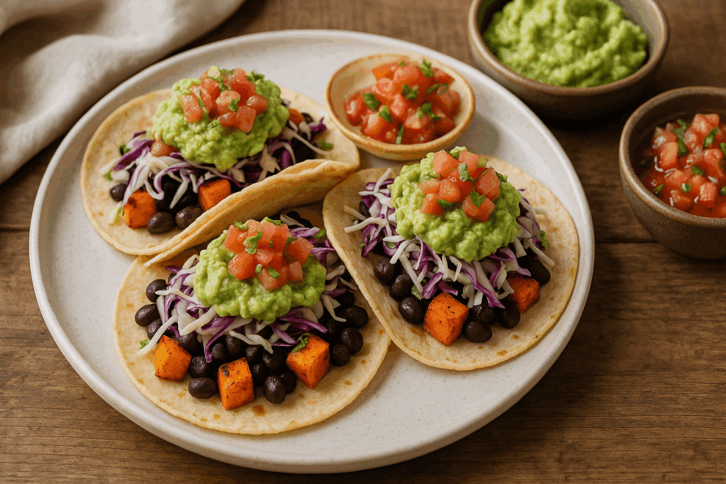 Whole Food Dinner Ideas for a Healthier Lifestyle: Easy, Unprocessed Meals Backed by Nutrition Experts 4 Black bean and roasted sweet potato tacos with guacamole, salsa, and slaw on a rustic plate, perfect for whole food dinner ideas.